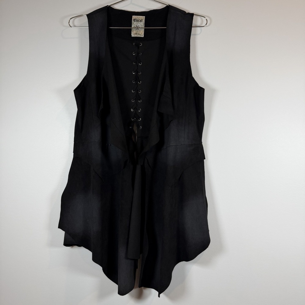 VOCAL Black Drape Asymmetrical Hem Vest Cardigan Suede Texture— Medium